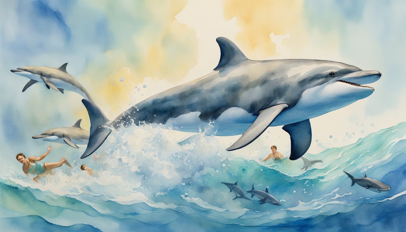 Dolphins and swimmers in vibrant ocean wave watercolor painting.