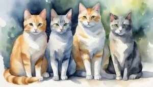 Four colorful cats in a watercolor painting.