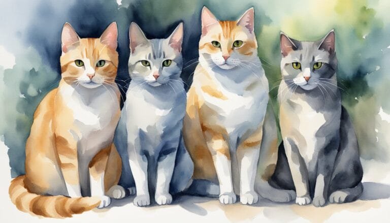 Four colorful cats in a watercolor painting.