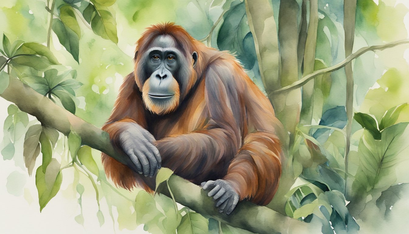 Orangutan resting on tree branch in lush forest.