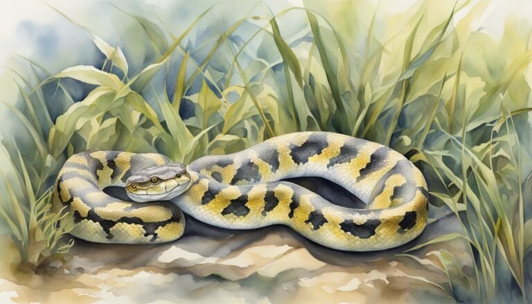 Watercolor painting of a snake in grass.