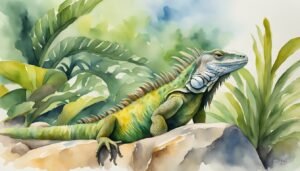 Watercolor painting of iguana in lush greenery.