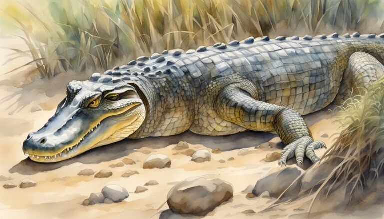 Detailed watercolor of a resting alligator in natural habitat.