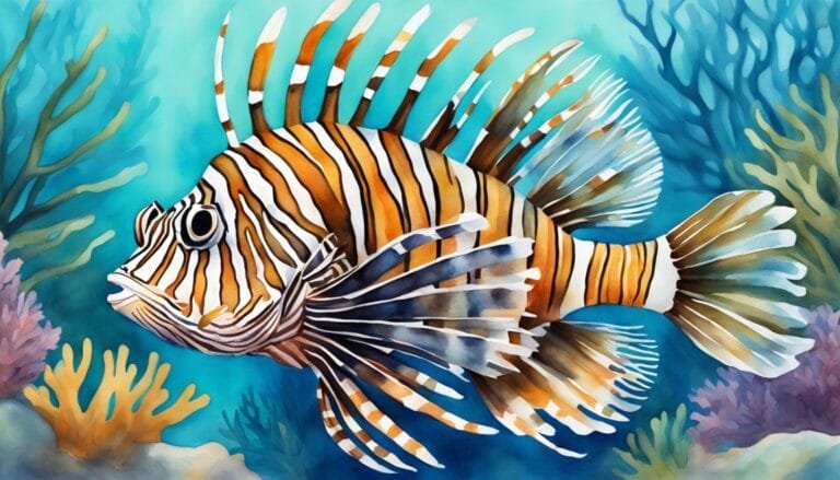 Vibrant watercolor lionfish among coral reefs.