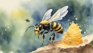 Wasp flying near hive, watercolor illustration.