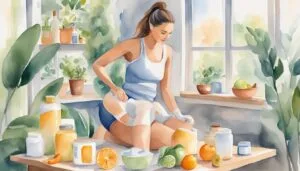 Woman preparing natural skincare products at sunny home workspace.