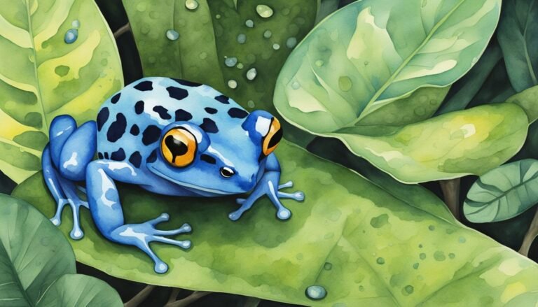 Blue poison dart frog on leaf, watercolor illustration.