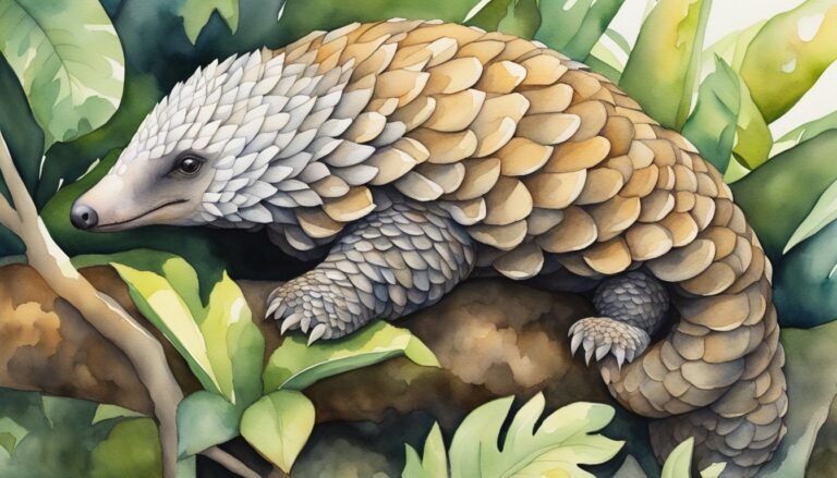 Watercolor painting of a pangolin in lush foliage.