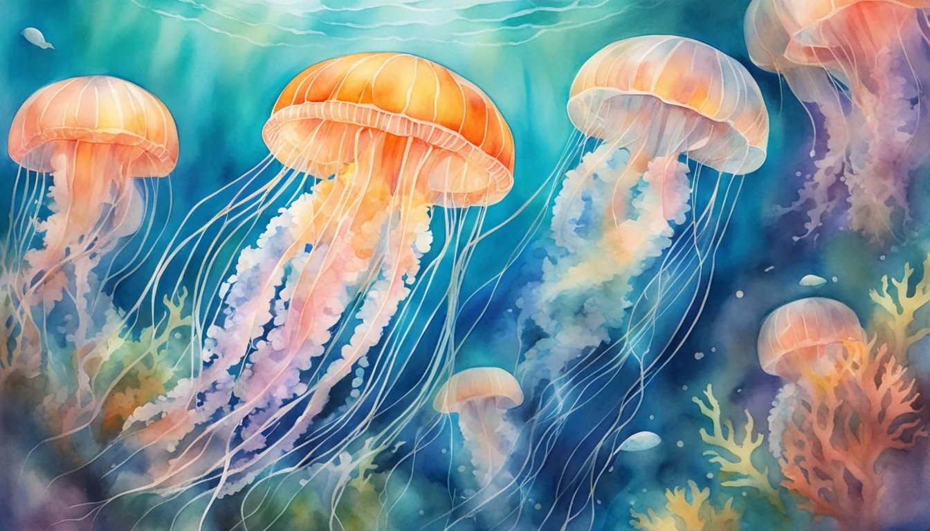 Colorful watercolor jellyfish swimming in ocean depths.