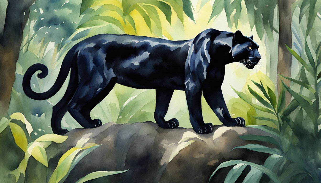 Black panther prowling in lush tropical jungle