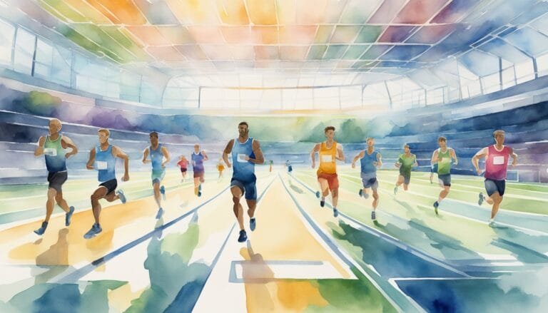Watercolor illustration of diverse athletes running on track.