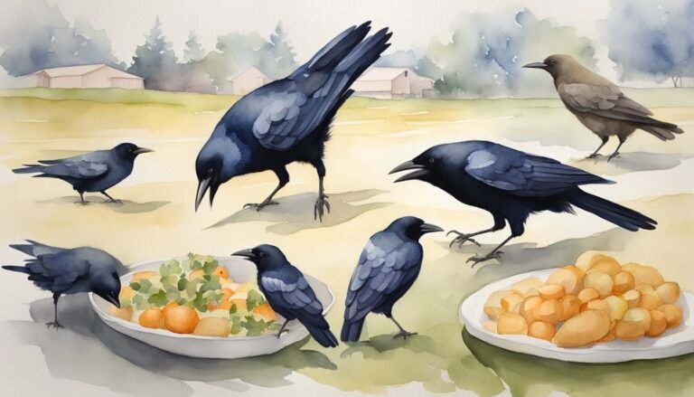 Crows feasting on fruit in a watercolor landscape.