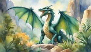 Majestic green dragon in watercolor fantasy landscape.