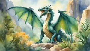 Majestic green dragon in watercolor fantasy landscape.
