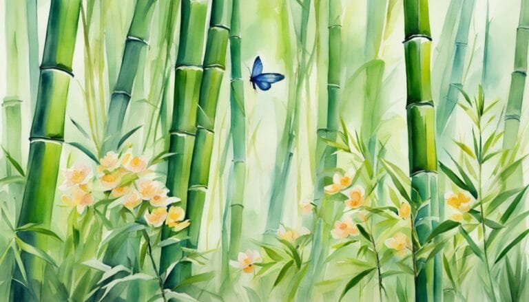 Watercolor painting of bamboo, flowers, and a blue butterfly.