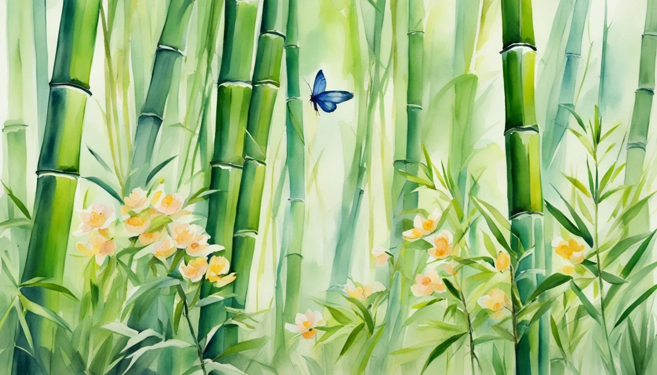 Watercolor painting of bamboo, flowers, and a blue butterfly.