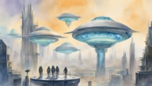 Futuristic cityscape with flying saucers and observers on platform.