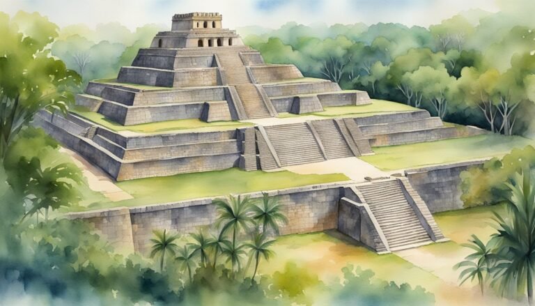 Watercolor illustration of ancient Mesoamerican pyramid in lush forest.