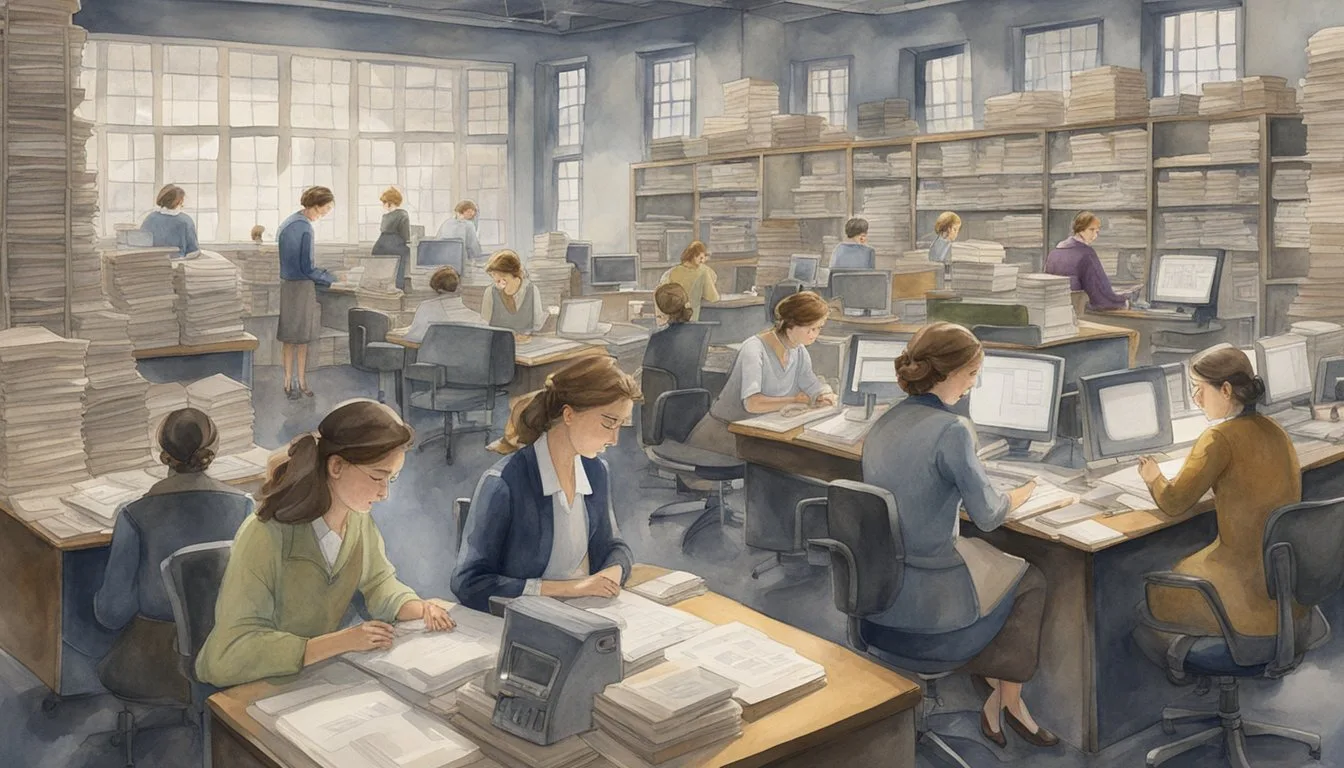 Vintage office scene with workers at desks and computers.