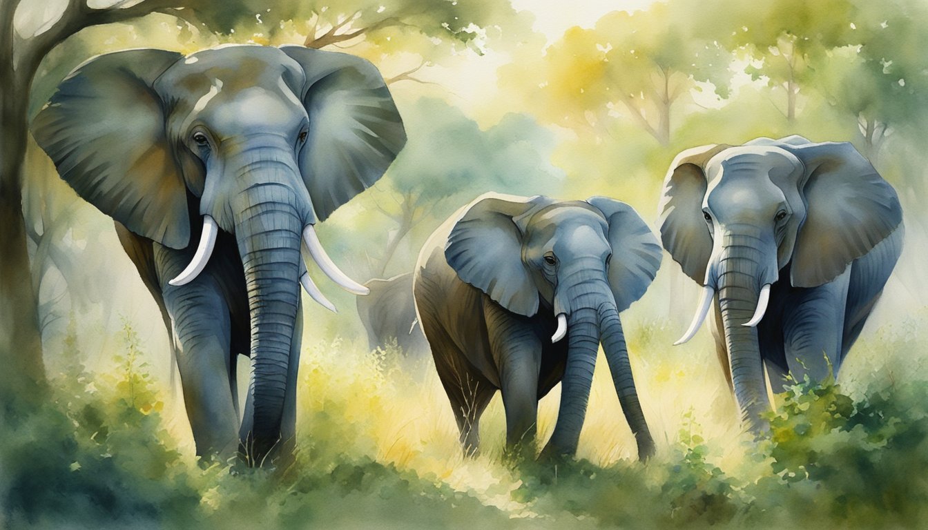 Three elephants in a misty, sunlit forest.