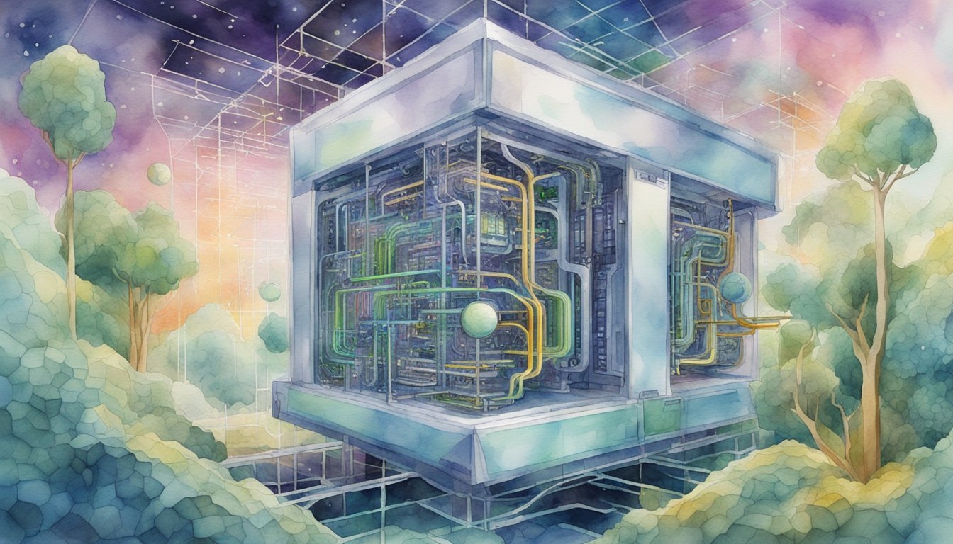 Watercolor artwork of a floating, futuristic circuit-cube landscape.