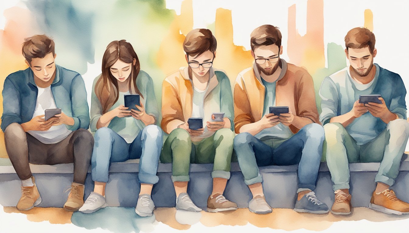 Five young adults engrossed in smartphones, sitting together.