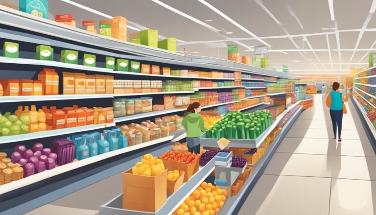 Customers shopping in colorful supermarket aisle.