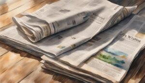 Stack of newspapers on wooden table, artistically rendered.