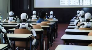 Robots sitting in classroom with human students.