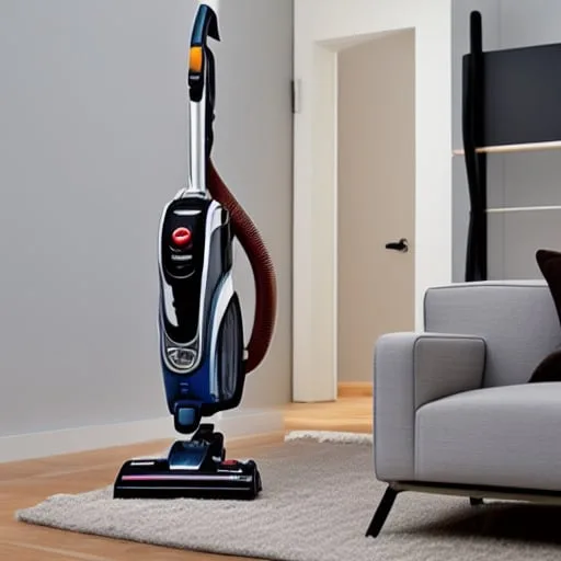 Upright vacuum cleaner in modern living room setting.