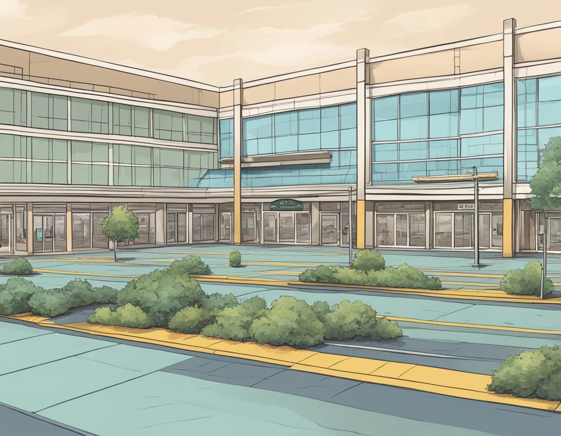 A desolate shopping mall with faded signs of once thriving retail giants. Empty storefronts and overgrown parking lots tell the story of their disappearance