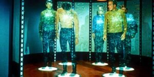 People undergoing teleportation in a sci-fi scene.