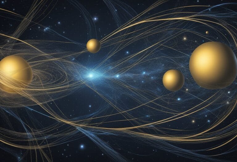Abstract cosmic scene with golden spheres and flowing lines.