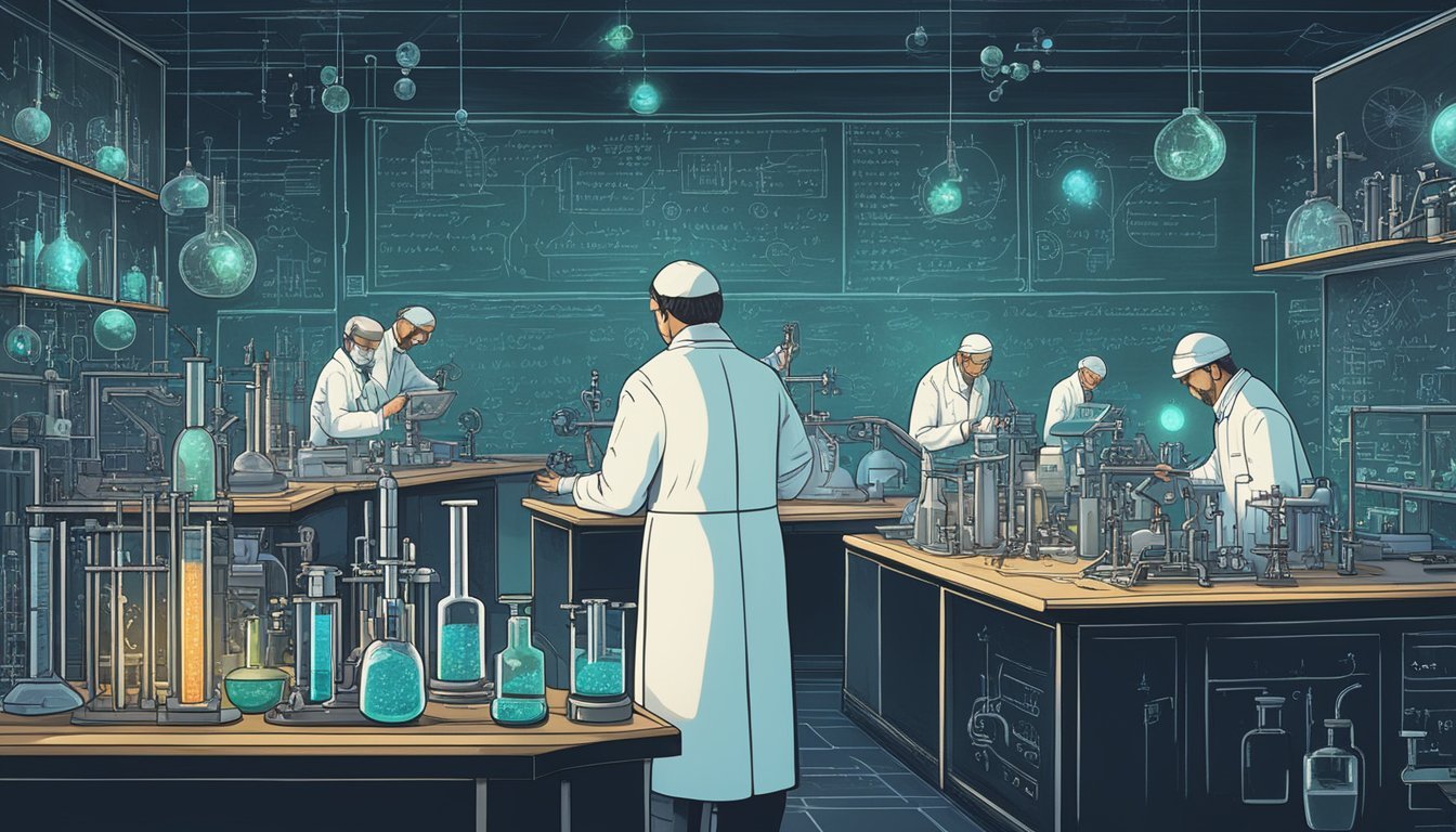 Scientists conducting experiments in a futuristic laboratory.