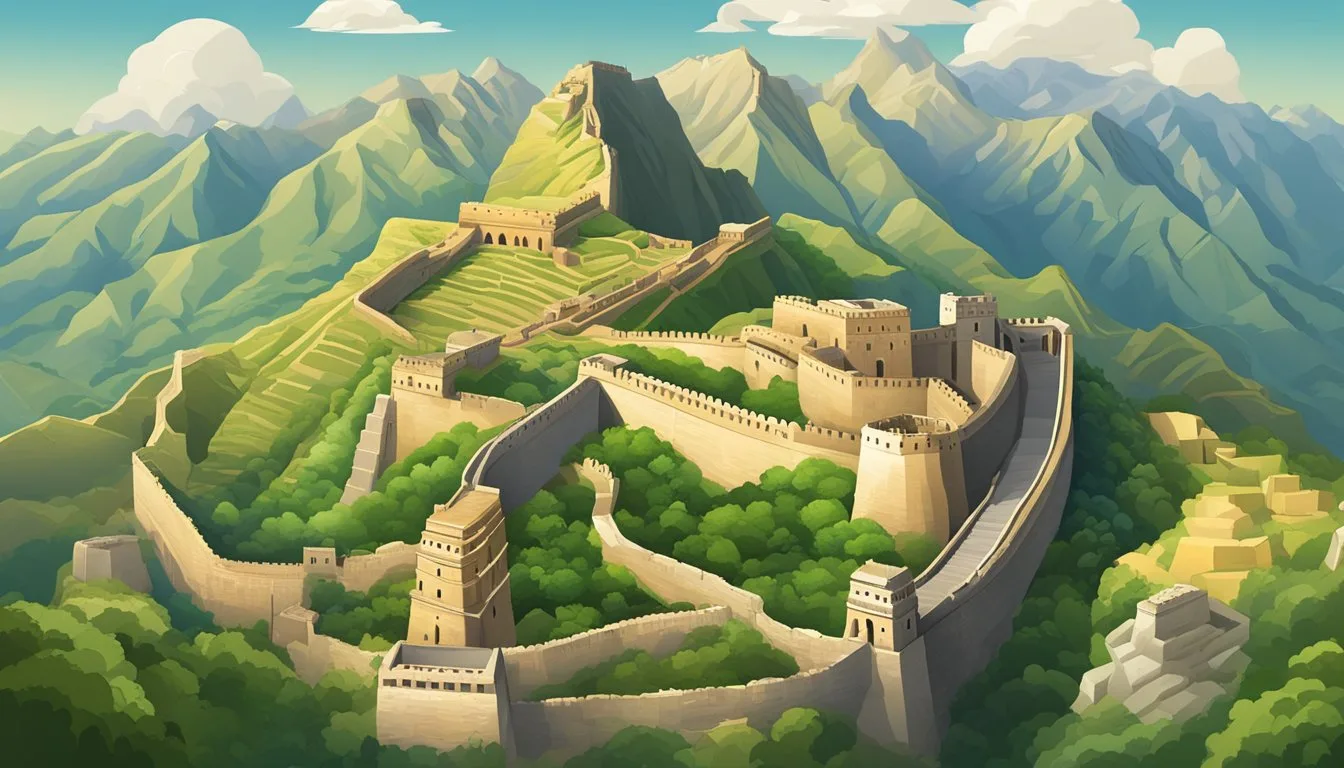 Great Wall of China winding through mountainous landscape.