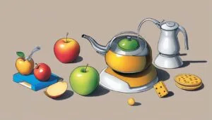 Colorful still life with fruits, teapot, and cookies.