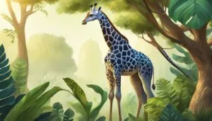Giraffe in lush jungle with green foliage.
