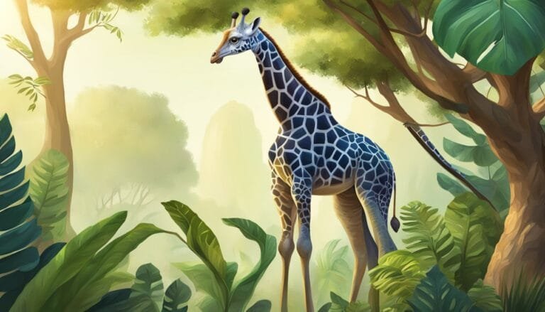 Giraffe in lush jungle with green foliage.