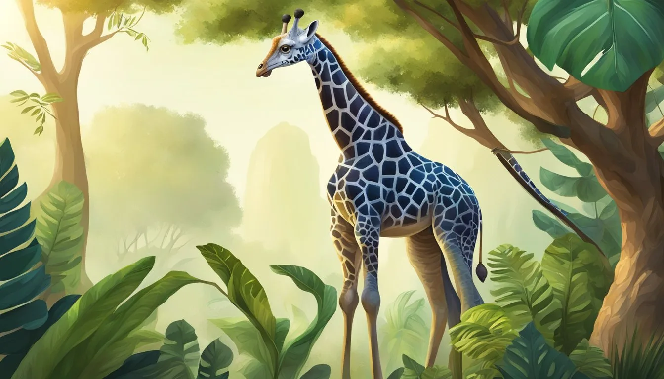Giraffe in lush jungle with green foliage.