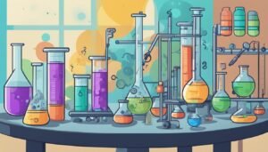 Colorful chemistry lab with various scientific glassware and experiments.