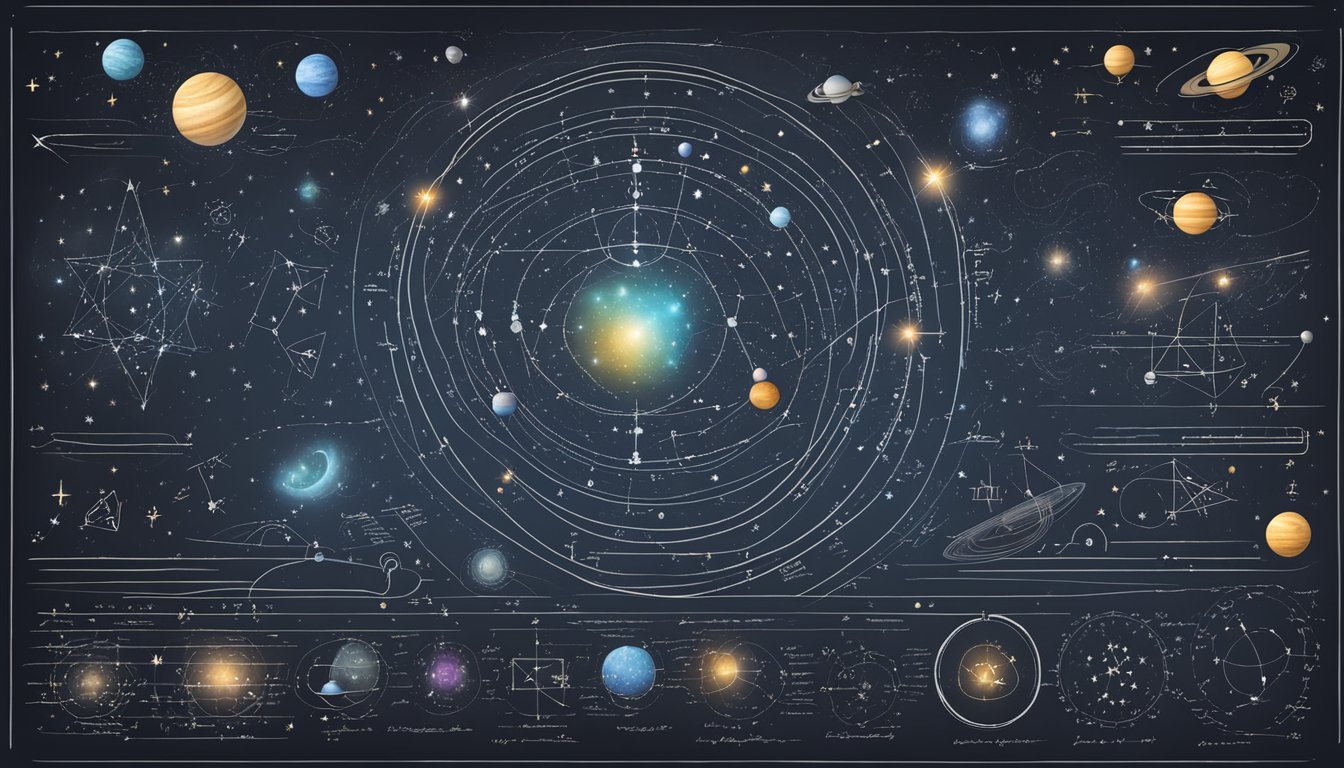 Illustrated solar system and constellations map on dark background.