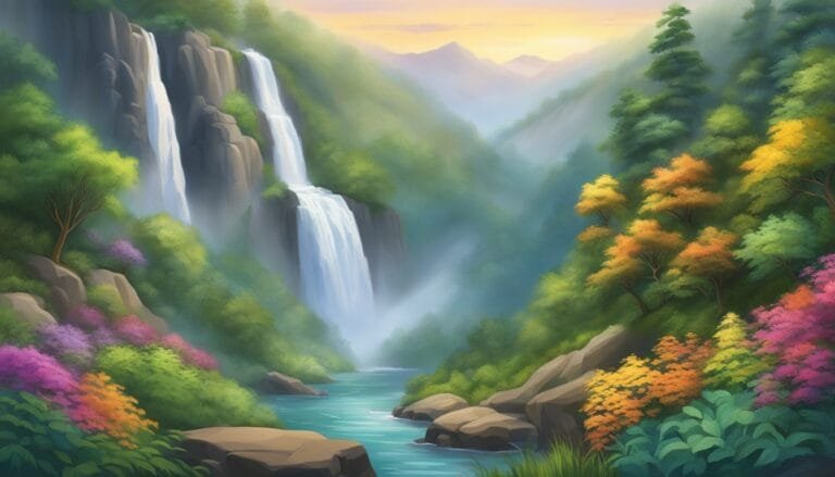 Majestic waterfalls amidst vibrant forest and mountain landscape.