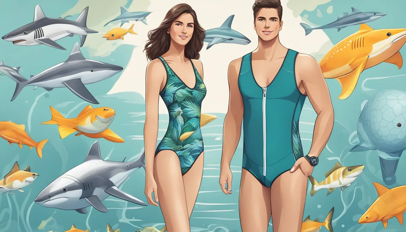 Two people with sharks and tropical fish illustration.