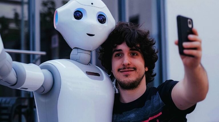 Man taking selfie with humanoid robot.