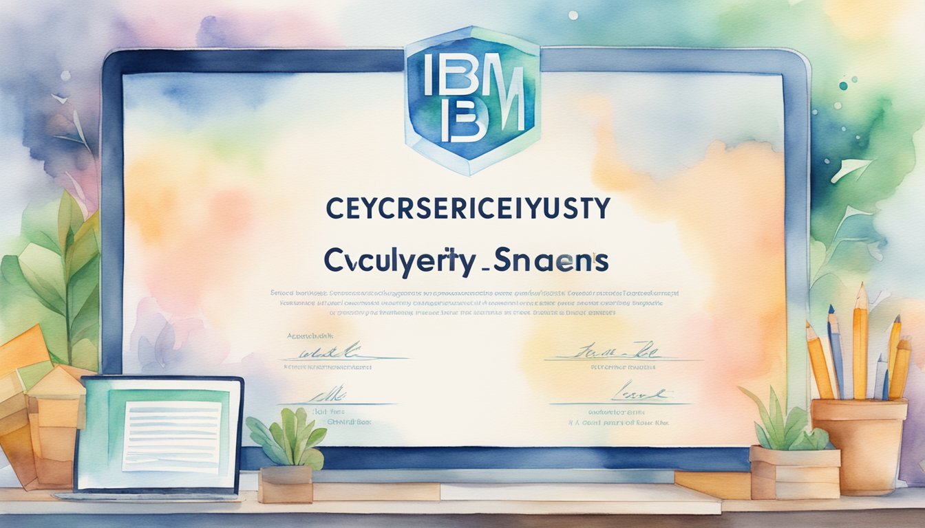 A computer screen displaying IBM Cybersecurity Analyst Professional Certificate logo with 8 online course titles