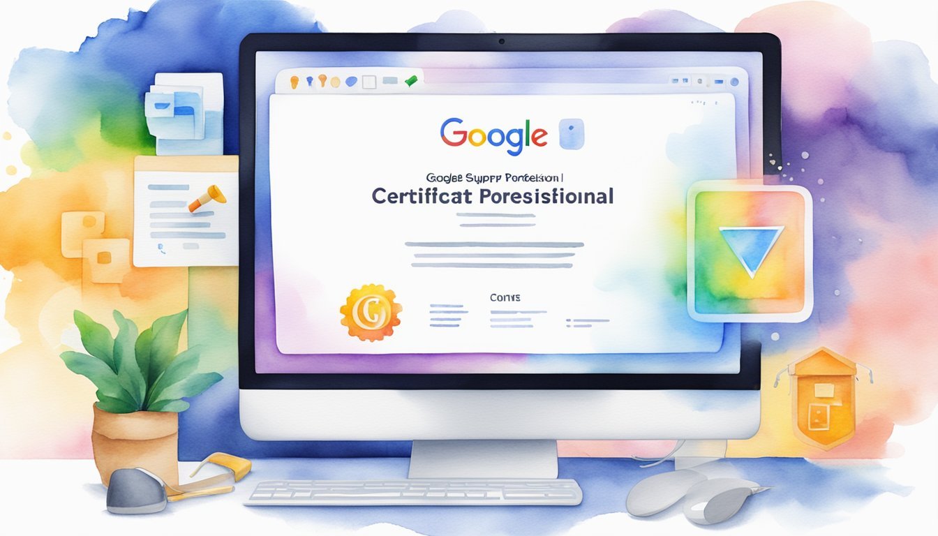 A computer screen displaying the Google IT Support Professional Certificate logo with 8 online course titles on cybersecurity