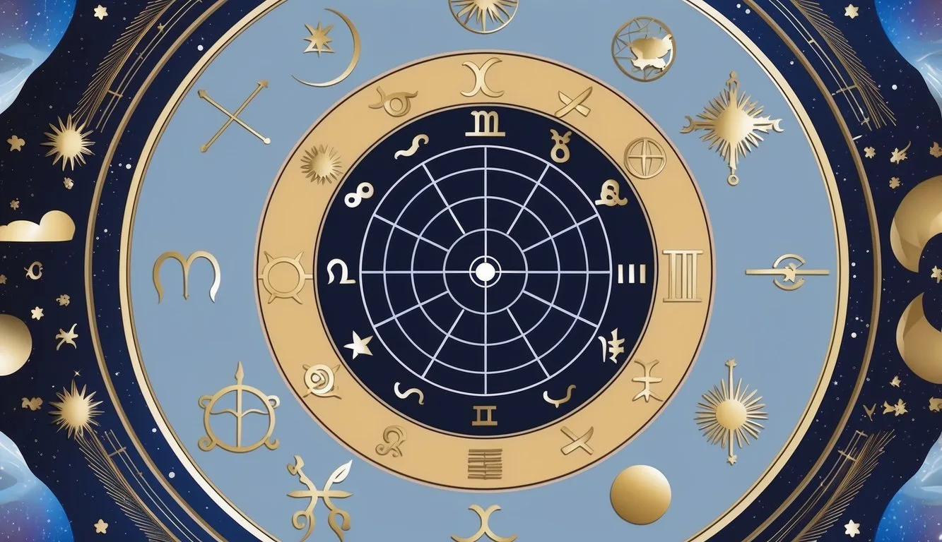 Astronomy and astrology symbols arranged in a circle, surrounded by celestial elements and zodiac signs
