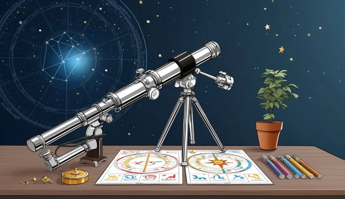 Astronomy: telescope pointed at stars. Astrology: zodiac symbols and charts on a desk