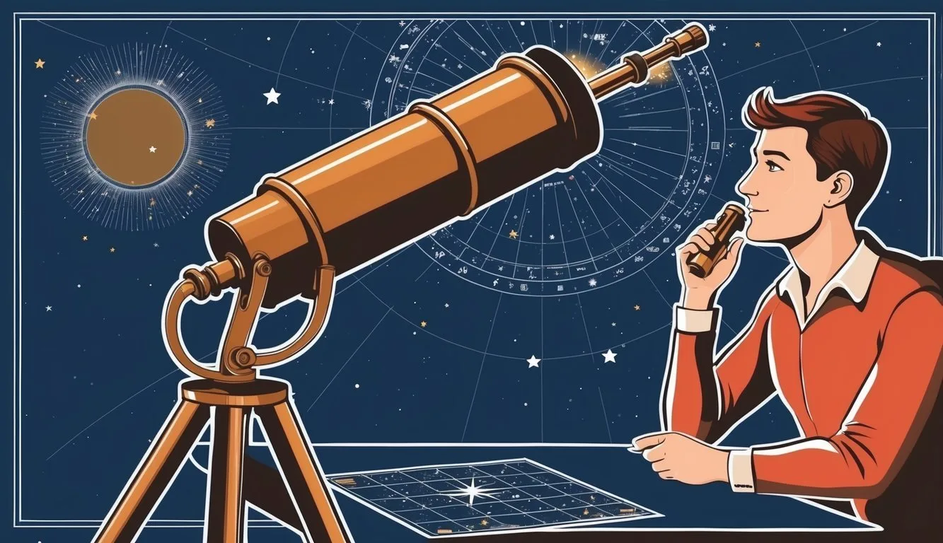 A telescope pointing at stars, while an astrologer gazes at a star chart