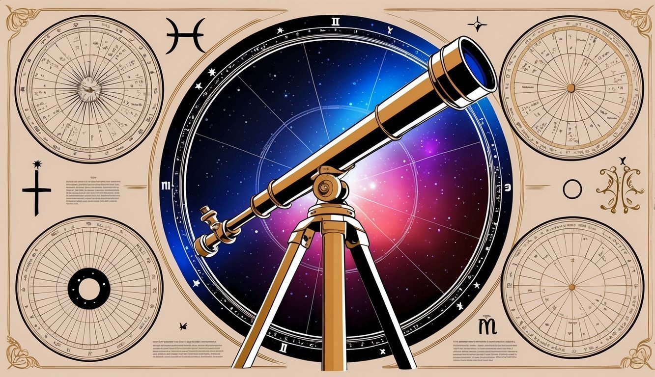 A telescope pointed at the stars, surrounded by zodiac symbols and celestial charts